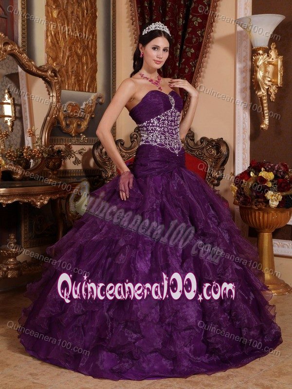 Dropped Waist Purple Ruffled Quinces Dresses with Beaded Bodice