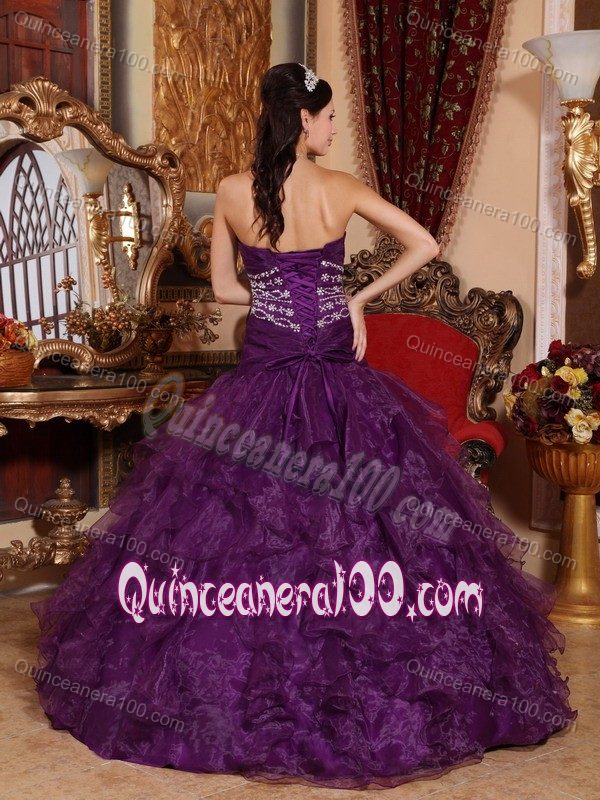 Dropped Waist Purple Ruffled Quinces Dresses with Beaded Bodice