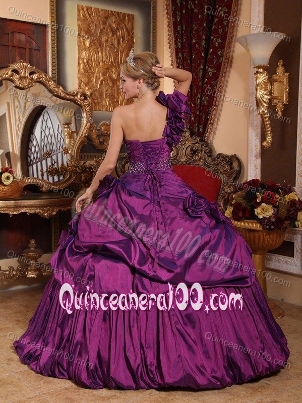 Hand Made Flowers One Shoulder Eggplant Purple Sweet 15 Dress