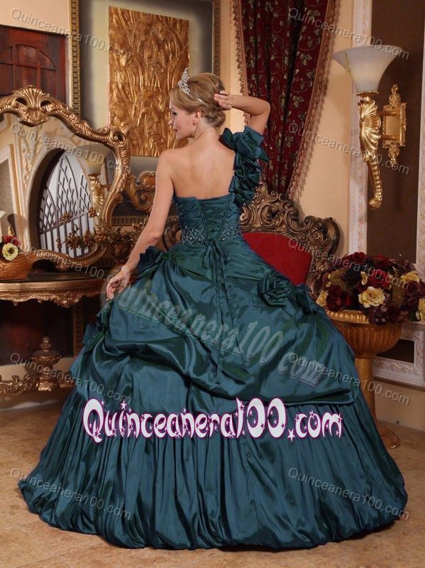 One Shoulder Beaded Dress for Quince with Hand Made Flowers