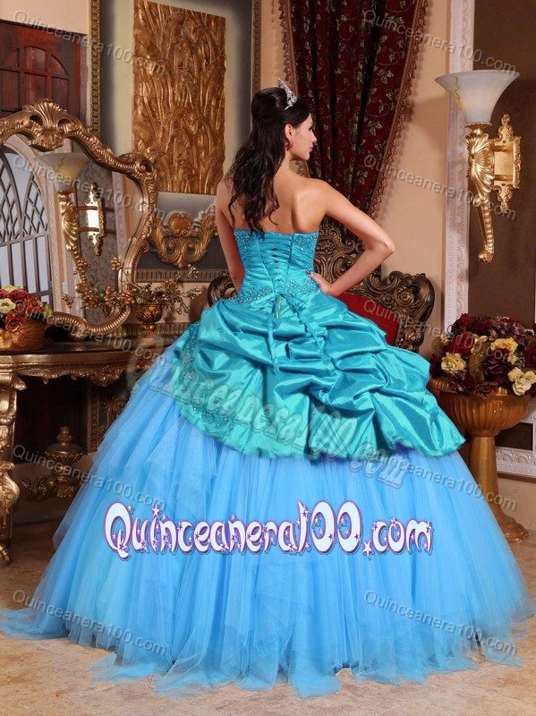 Quinceanera Dress with Blue Organza Pick-ups and Tulle Ruffles