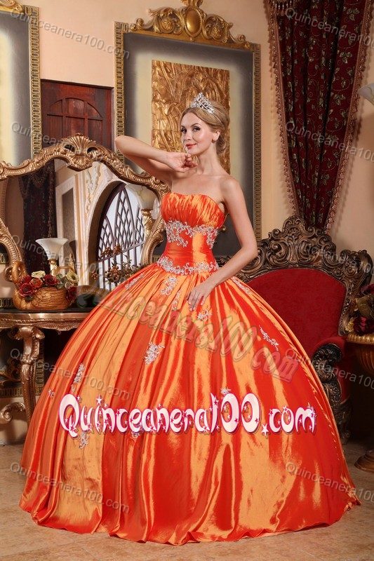 Cheap Orange Ruched Bust Quinceanera Dresses with Appliques