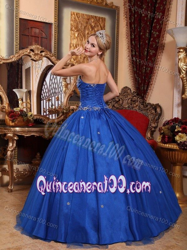 Royal Blue Strapless Appliqued Sweet 16 Dresses with Puffy Skirt