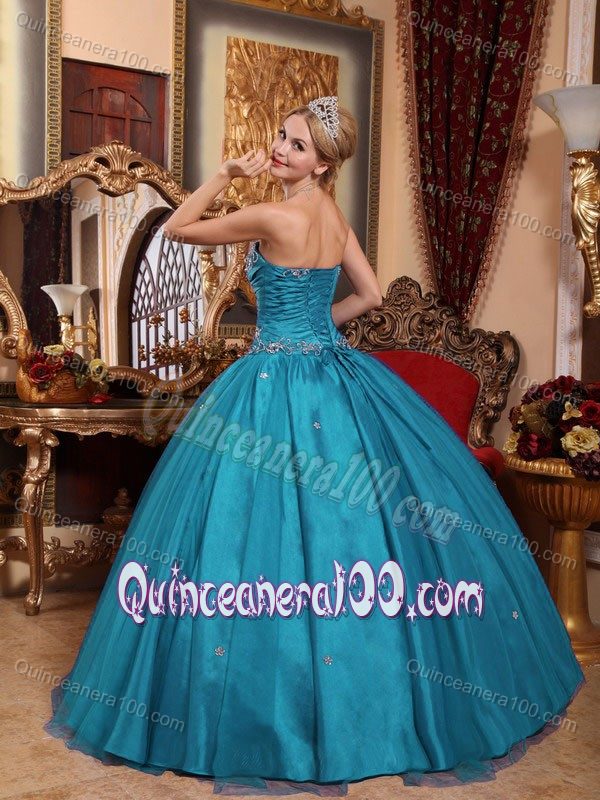 Puffy Plain Ball Gown Quinceanera Dress in Teal with Appliques