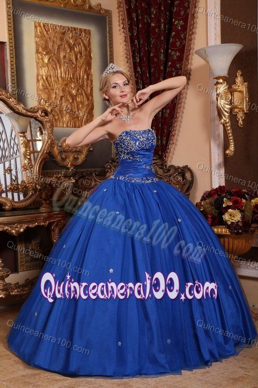 Royal Blue Strapless Appliqued Sweet 16 Dresses with Puffy Skirt