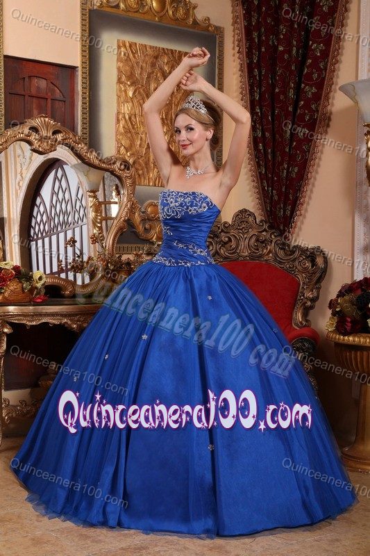 Royal Blue Strapless Appliqued Sweet 16 Dresses with Puffy Skirt