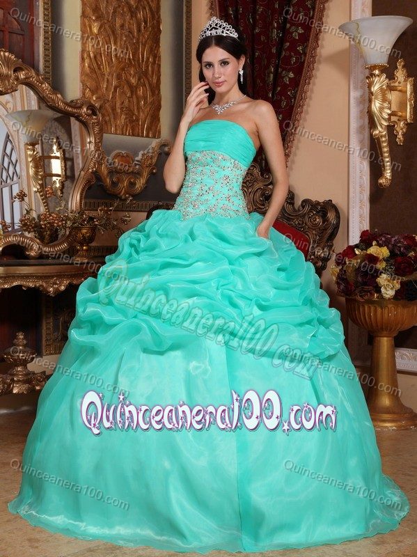 Best Seller Dress for Quince in Turquoise with Organza Pick-ups