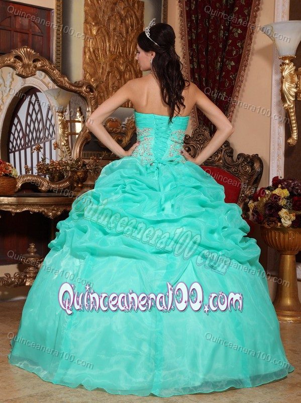 Best Seller Dress for Quince in Turquoise with Organza Pick-ups