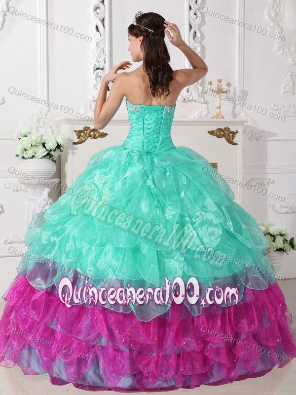 Organza Aqua and Fuchsia Quinceanera Dress with Ruffles and Appliques