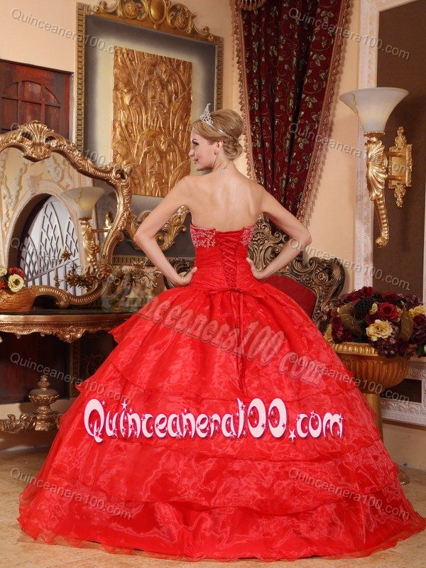 Red Quinceanera Gown with Appliques and Beading in Organza