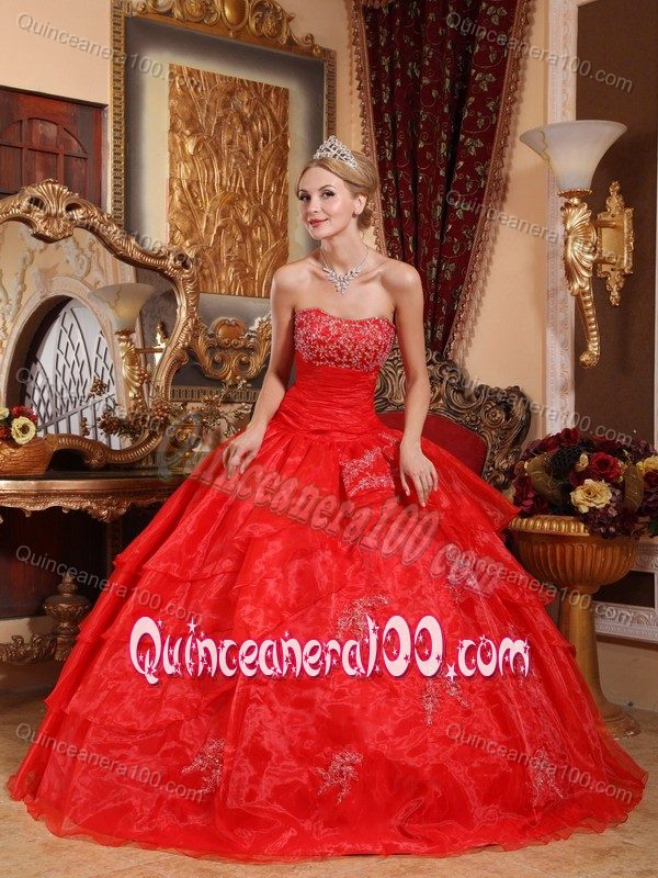 Red Quinceanera Gown with Appliques and Beading in Organza