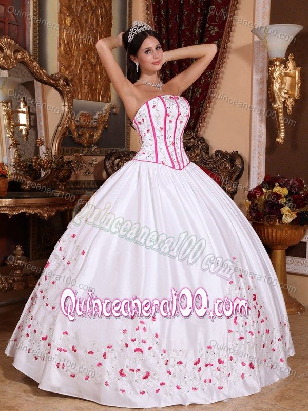 White Taffeta Quinceanera Dress with Beading and Pink Embroidery