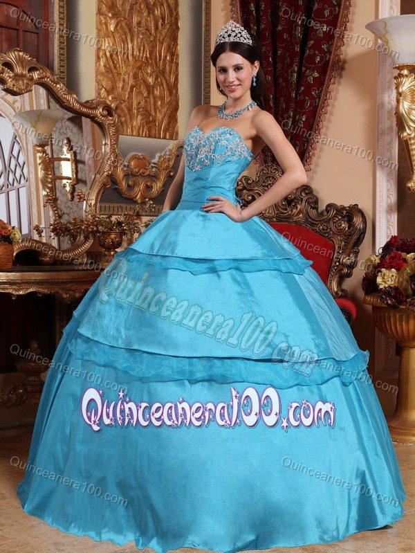 Beaded Aqua Blue Quinceanera Gown with Organza Layer and Embroidery