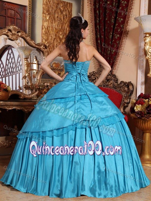 Beaded Aqua Blue Quinceanera Gown with Organza Layer and Embroidery