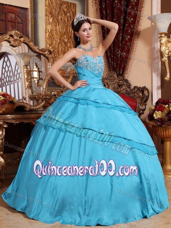 Beaded Aqua Blue Quinceanera Gown with Organza Layer and Embroidery