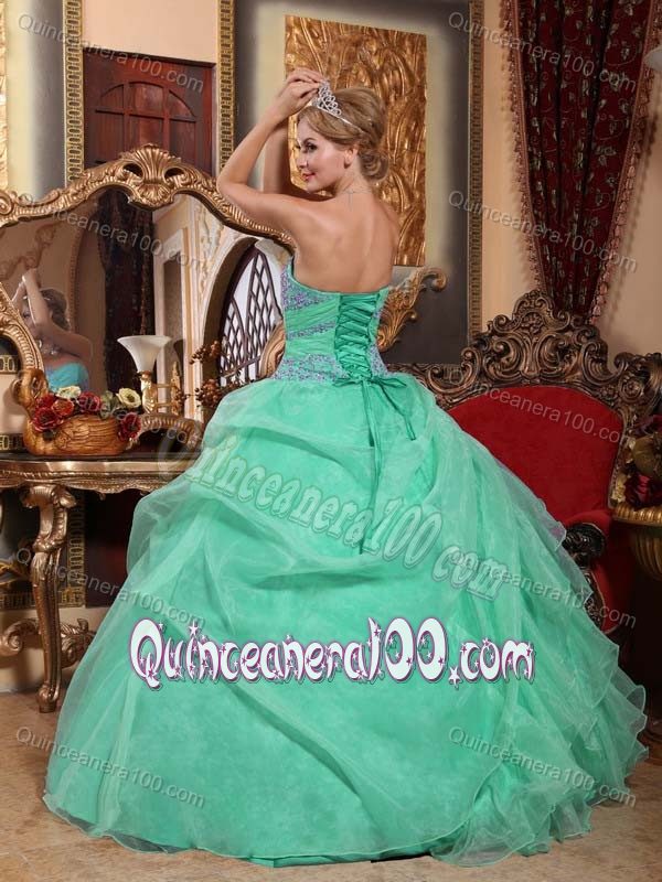 Apple Green Organza Quinceanera Dress with Appliques and Ruches