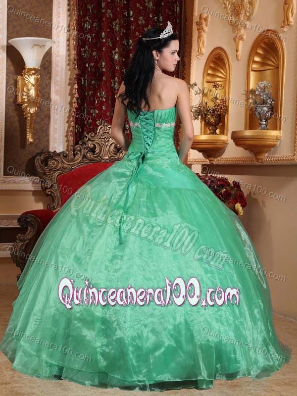 Spring Green Quinceanera Gown with Appliques in Organza and Taffeta