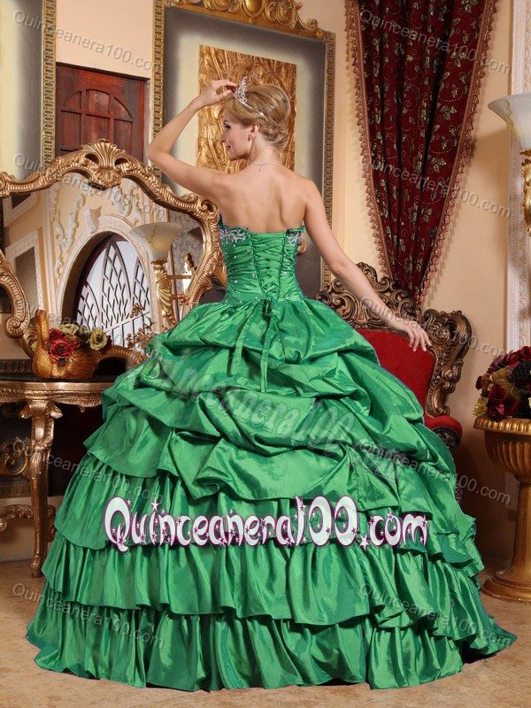 Green Sweet 15 Dress with Pick-ups and Embroidery in Taffeta