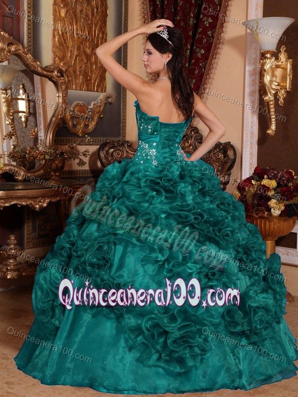 Turquoise Organza Quinceanera Dress with Appliques and Hand Made Flowers