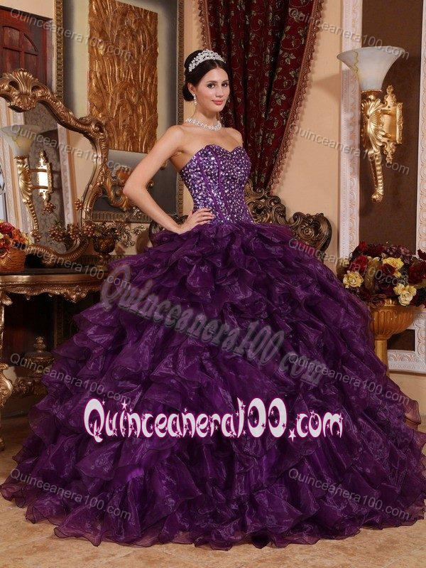 Purple Sweetheart Quinceanera Dress with Sequins and Ruffles