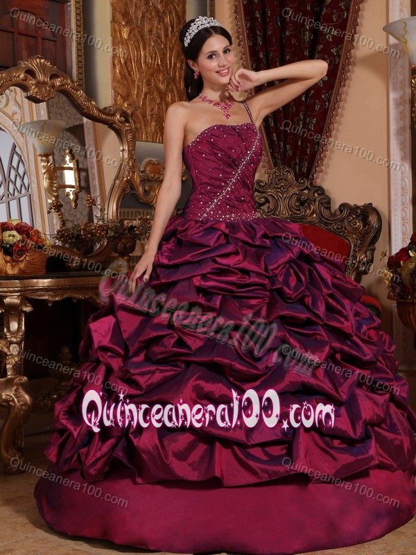 Burgundy one Shoulder Quinceanera Dress with Pick-ups and Beading