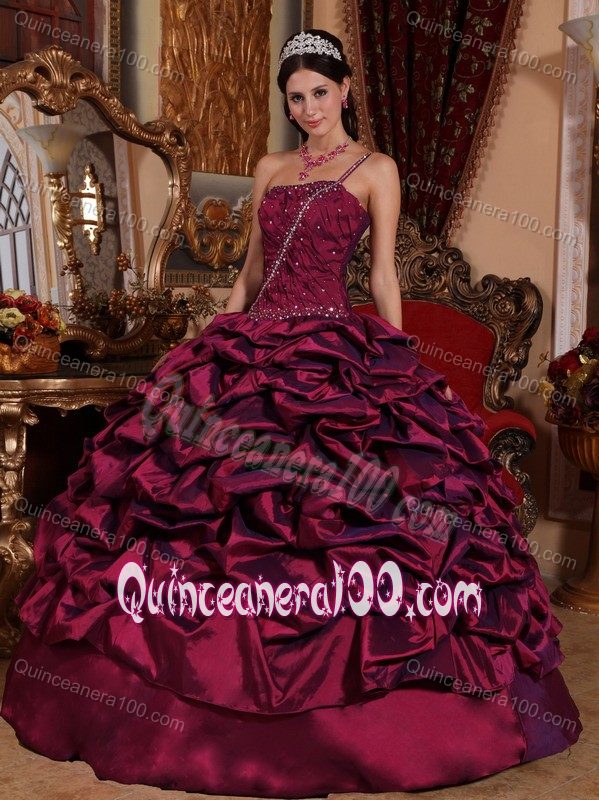 Burgundy one Shoulder Quinceanera Dress with Pick-ups and Beading