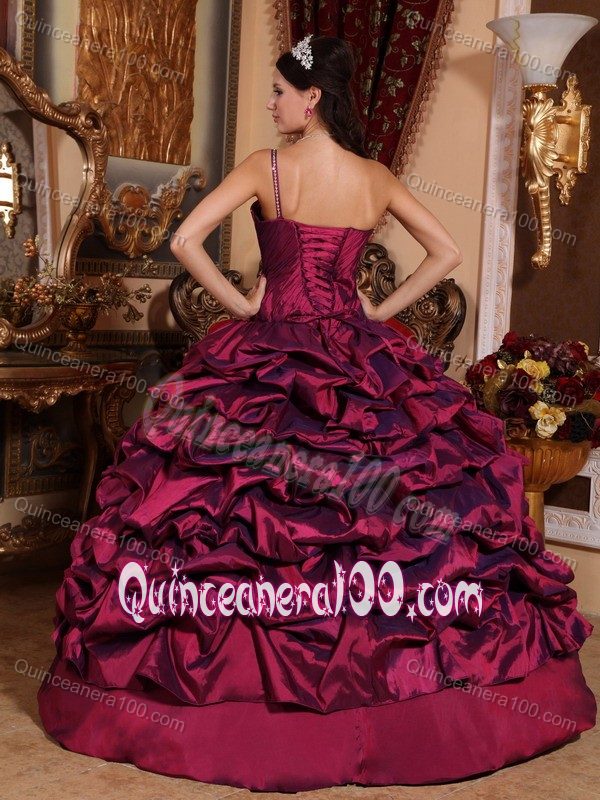 Burgundy one Shoulder Quinceanera Dress with Pick-ups and Beading