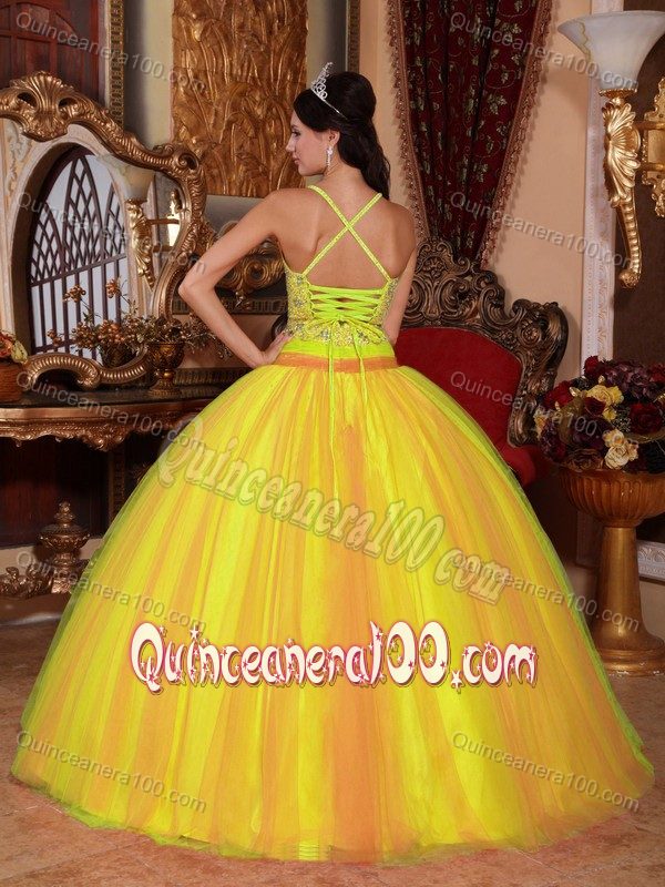 V-neck Yellow and Orange Beaded Quinceanera Dress in Taffeta and Tulle