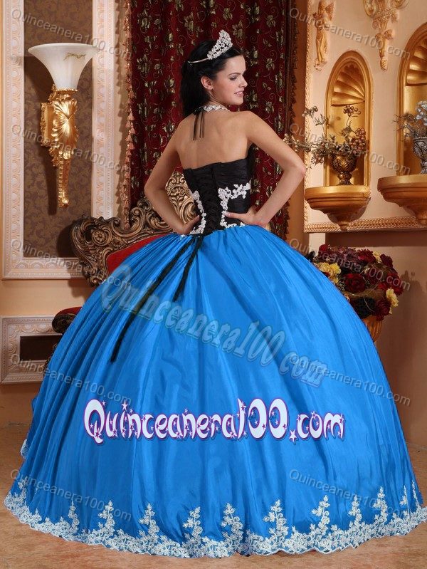 V-neck Baby Blue and Black Quinceanera Dress with Appliques and Embroidery