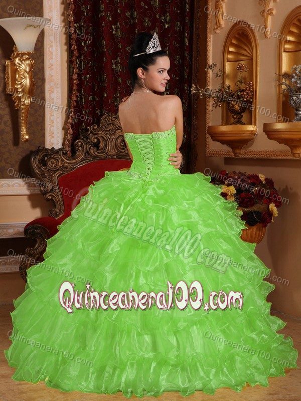 Spring Green Sweet 15 Dress with Beading and Ruffles in Organza and Taffeta