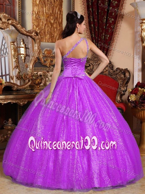 One Shoulder Fuchsia Quinceanera Dress in Tulle and Shinning Fabric