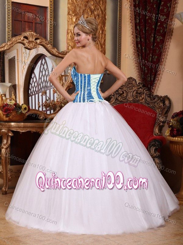 Strapless White and Blue Quinceanera Dress in Tulle and Shinning Fabric