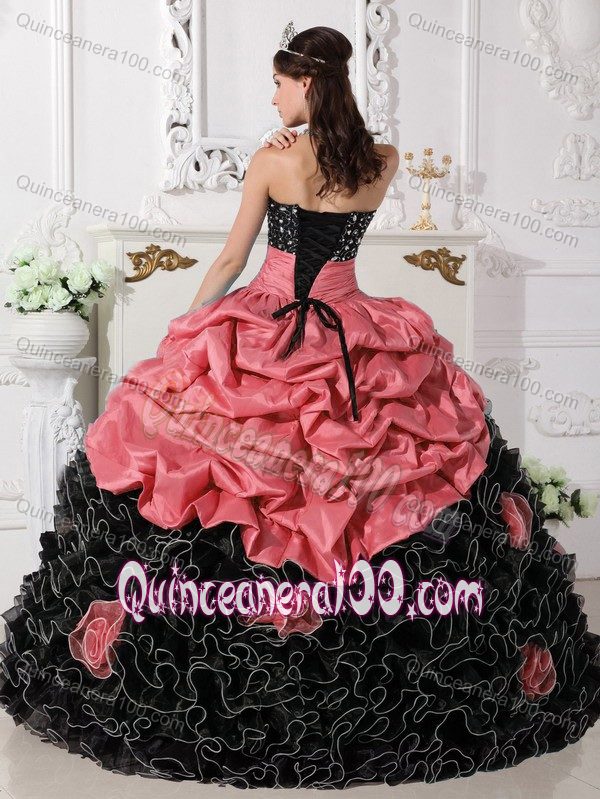 Coral Red and Black Sweet 15 Dress with Beading and Rolling Flowers