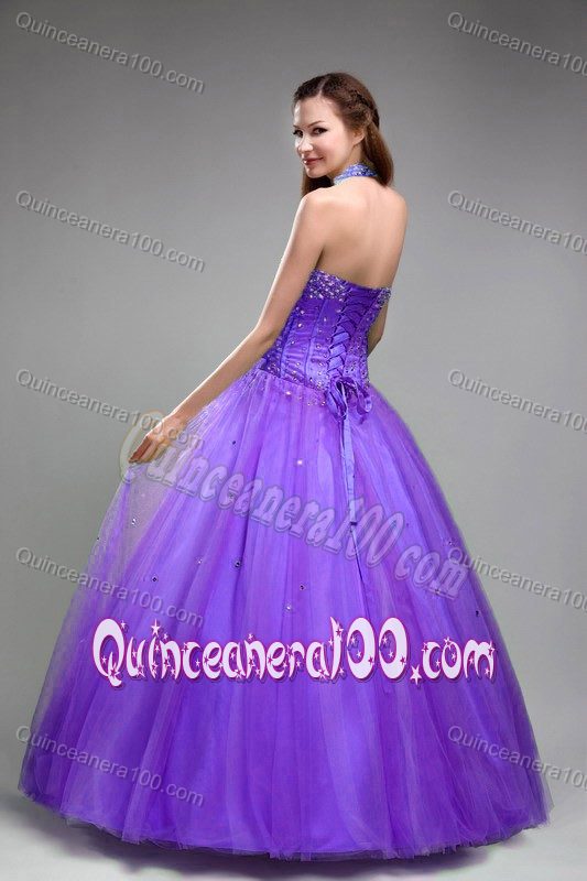 Halter Top Appliques Beading Purple Quinceanera Dress A-line