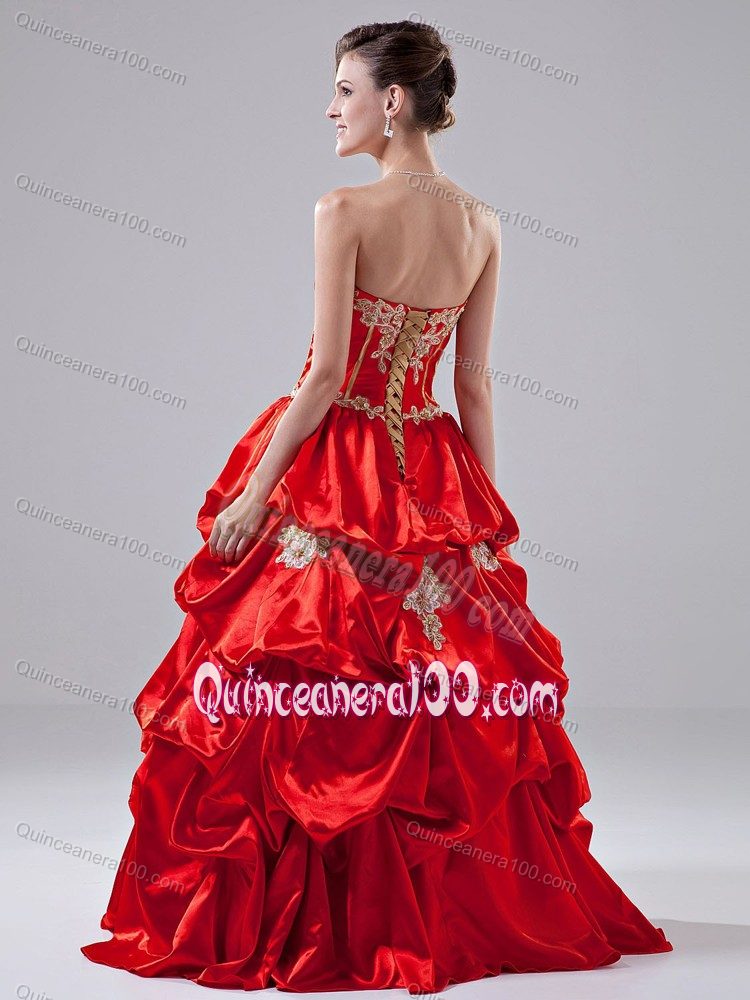 Bright Red Quinceanera Dress Strapless Appliques and Pick-ups