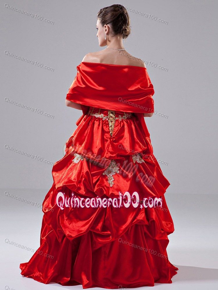 Bright Red Quinceanera Dress Strapless Appliques and Pick-ups