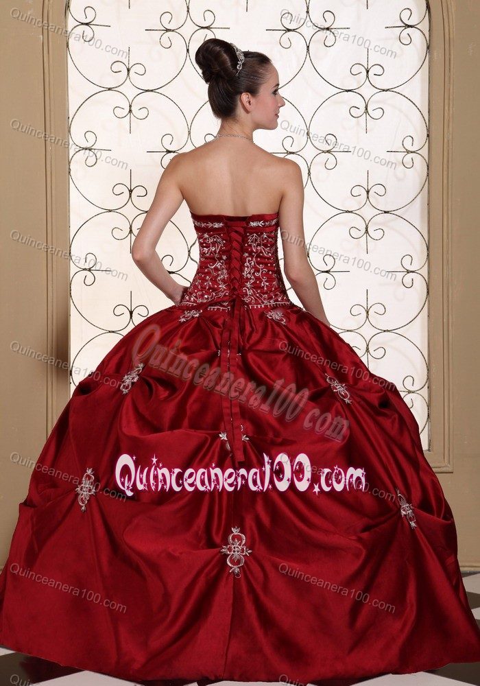 Strapless Embroidery and Beading Quinceanera Dress Wine Red