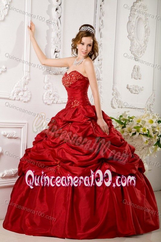 Red Sweetheart Floor-length Taffeta Appliques Quinceanera Dress