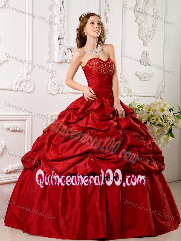 Red Sweetheart Floor-length Taffeta Appliques Quinceanera Dress