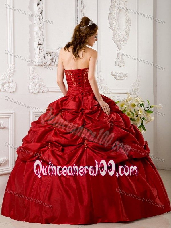 Red Sweetheart Floor-length Taffeta Appliques Quinceanera Dress