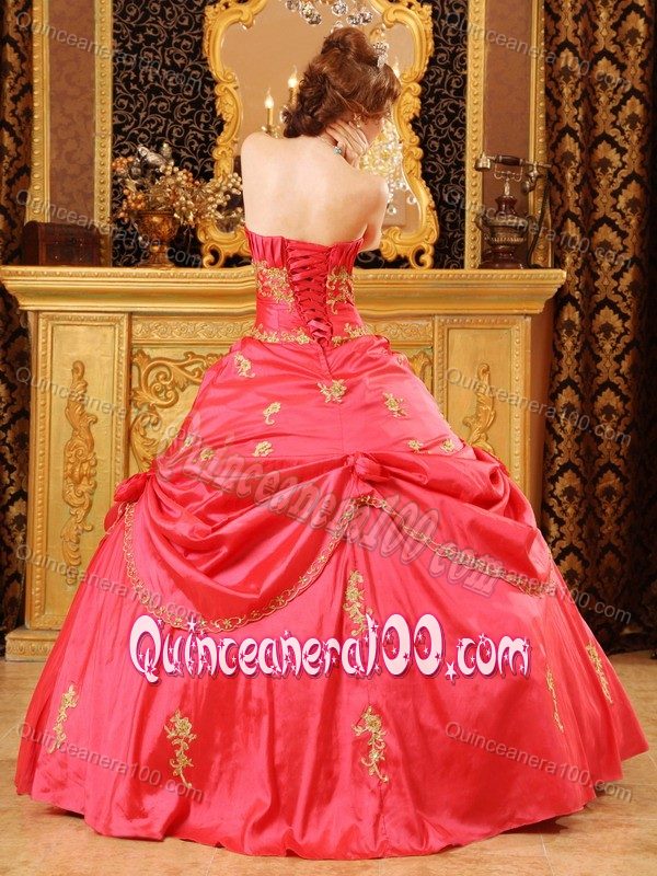 Red Strapless Quinceanera Dress with Appliques Full Skirt for 2014