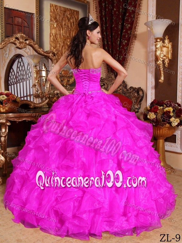 Beaded Sweetheart Fuchsia Quinceanera Dress Ruffles Full Skirt