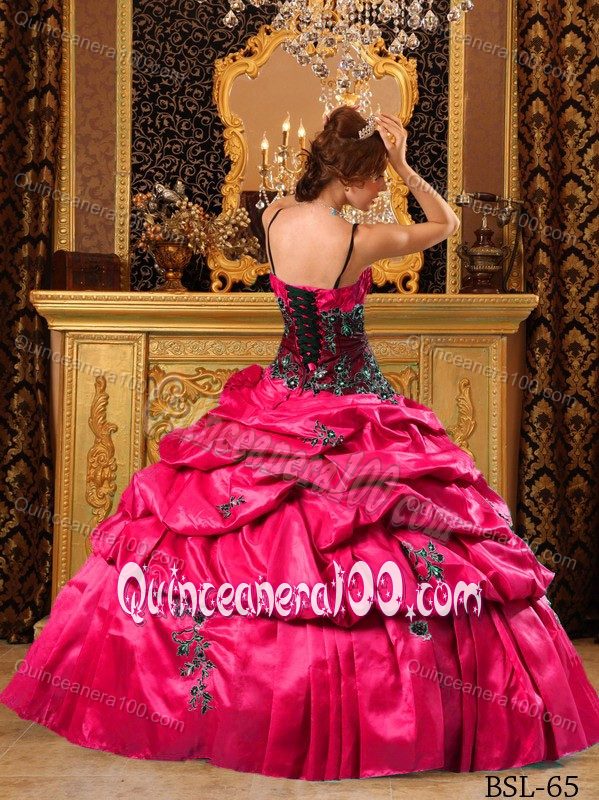 Red and Black Appliques Straps Quinceanera Dress Beaded