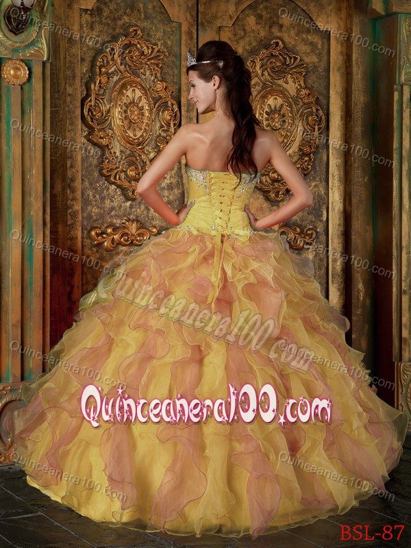 Yellow and Pink Quinceanera Dress Sweetheart Beading Ruffles