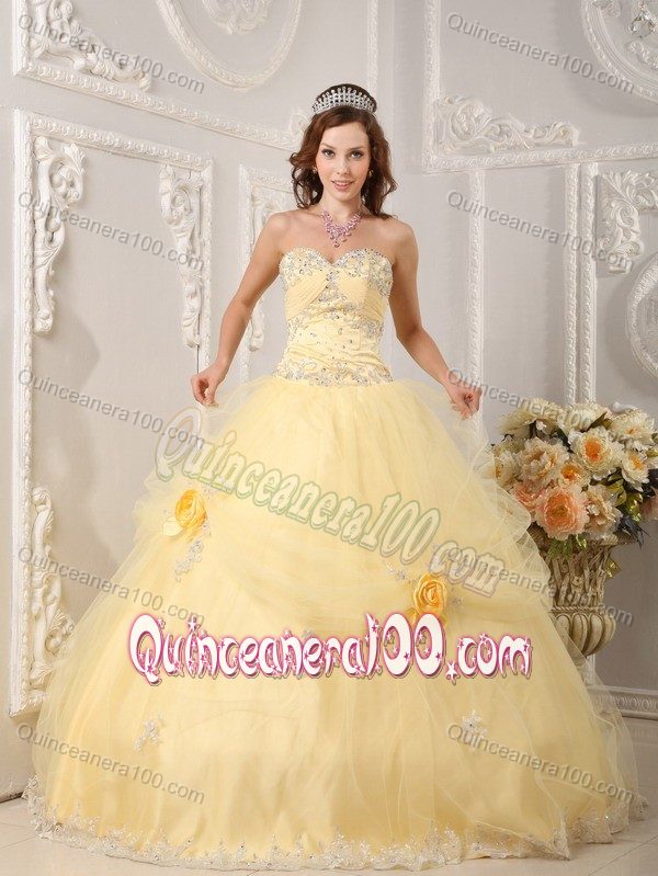 Beading Appliques Light Yellow Quinceanera Dress Handle Flowers