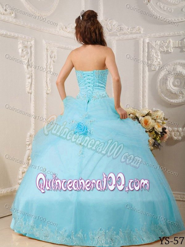 Sweetheart Floor-length Organza Appliques Blue Quinceanera Dress