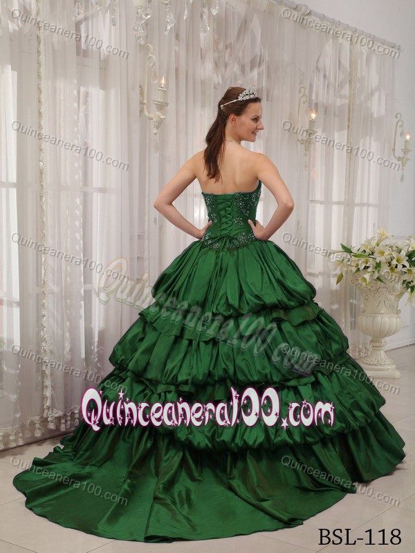 Taffeta Pick-ups Sweetheart Green Quinceanera Dress with Train