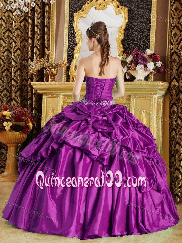 Ruche Appliques Purple Taffeta Sweet 16 Ball Sweetheart Neck