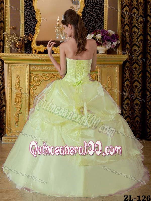 Strapless Light Yellow Appliques Ruches Quinceanera Dress 2014