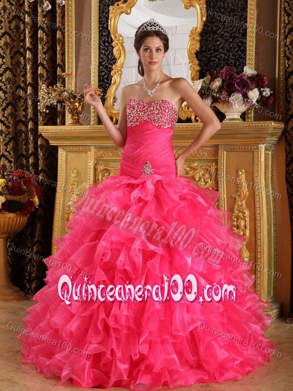 Beaded and Ruched Hot Pink Dresses for A Quinceanera with Ruffles